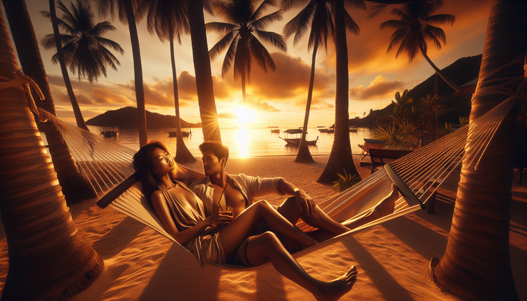 make a relaxing beach vacation image with an asian couple help me create a prompt to use with Dalle 3 image generator from OpenAi. I want the image generated to be of the highest quality, like one taken with a DSLR by an expert photographer. I want to use the photo for my website so it must be of the highest professional quality, with the best creative direction. Please indicate the exact camera, lens, settings and lighting a pro would use in the prompt to help Dalle 3 generate the photos.